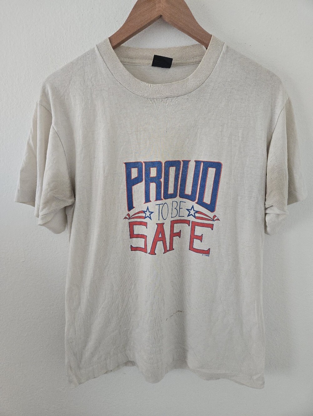 Vintage Proud To Be Safe White T Shirt  1980s Mens Large Naturally Distressed
